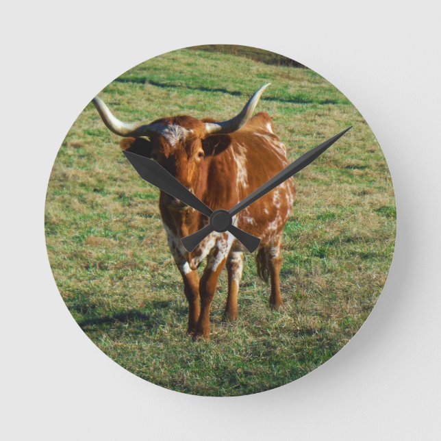 Texas Longhorn Cattle Cow  Photo Rustic Round Clock (Front)