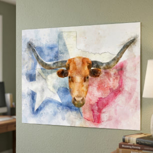 Texas Longhorn Cow and Flag Watercolor Print Art
