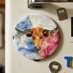 Texas Longhorn Cow and Flag Watercolor Print Art Magnet