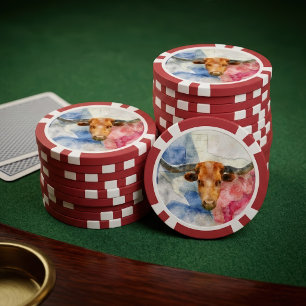 Texas Longhorn Cow and Flag Watercolor Print Art Poker Chips