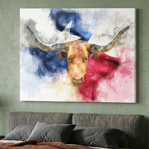 Texas Longhorn Watercolor with Flag Map Art Canvas Print