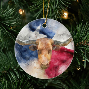 Texas Longhorn Watercolor with Flag Map Art Ceramic Tree Decoration
