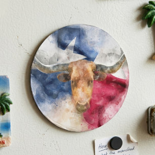 Texas Longhorn Watercolor with Flag Map Art Magnet