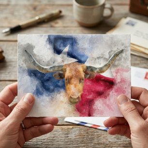 Texas Longhorn Watercolor with Flag Map Art Postcard
