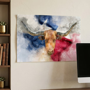Texas Longhorn Watercolor with Flag Map Art Poster