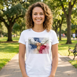 Texas Longhorn Watercolor with Flag Map Art T-Shirt
