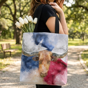 Texas Longhorn Watercolor with Flag Map Art Tote Bag