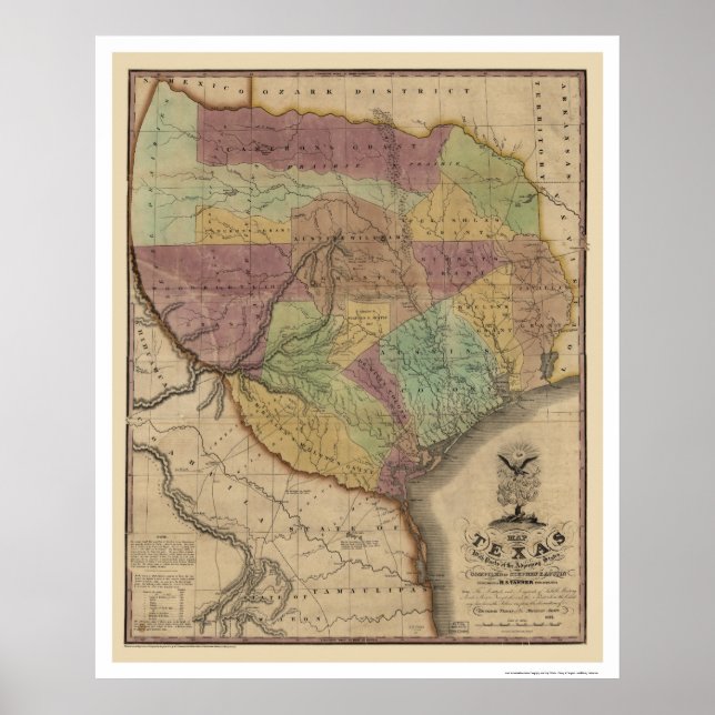 Texas Map By Stephen Austin 1837 Poster (Front)
