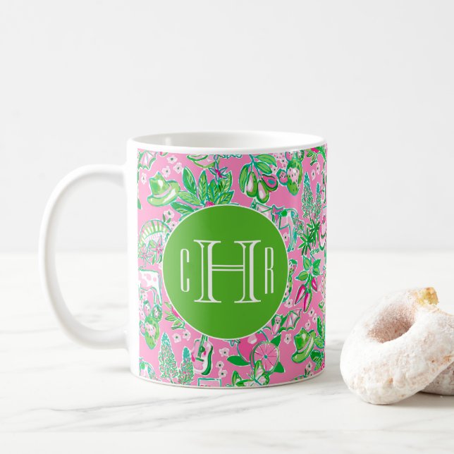 Texas Map Pink & Green Preppy Pattern Monogrammed Coffee Mug (With Donut)