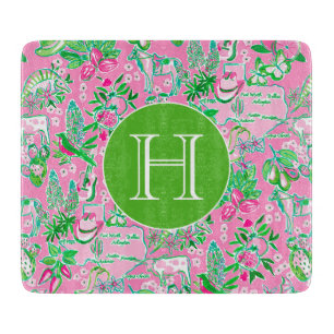 Texas Map Pink & Green Preppy Pattern Monogrammed Cutting Board