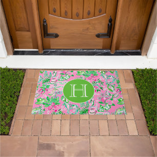 Texas Map Pink & Green Preppy Pattern Monogrammed Doormat