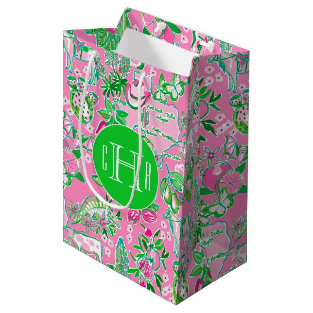 Texas Map Pink & Green Preppy Pattern Monogrammed Medium Gift Bag (Front Angled)