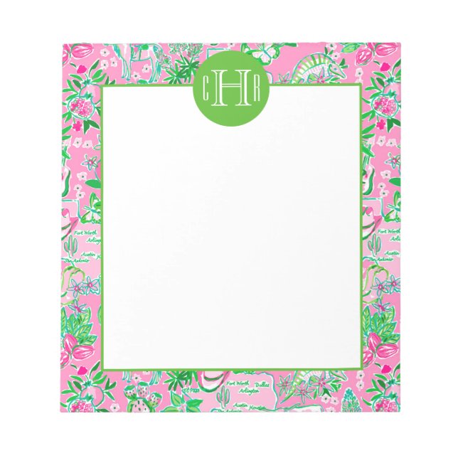 Texas Map Pink & Green Preppy Pattern Monogrammed Notepad (Front)