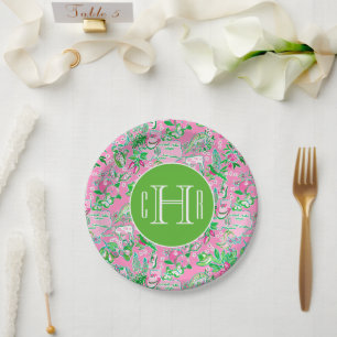 Texas Map Pink & Green Preppy Pattern Monogrammed Paper Plate