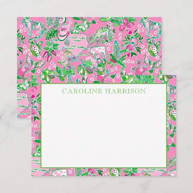 Texas Map Pink & Green Preppy Pattern Personalised Thank You Card (Front/Back)