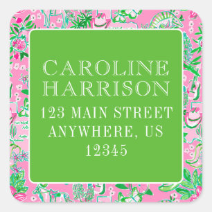Texas Map Pink & Green Preppy Pattern Square Sticker
