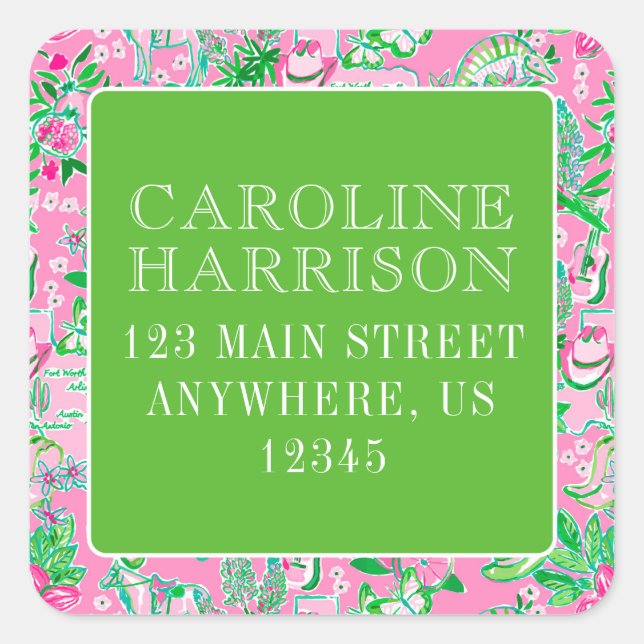 Texas Map Pink & Green Preppy Pattern Square Sticker (Front)
