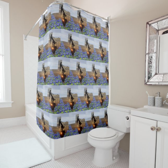 Texas Oil Pump Jack At Sunset On Bluebonnets Shower Curtain (In Situ)
