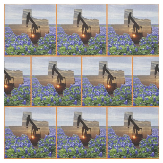 Texas Oil Pump Jack Sunset and Bluebonnets Border Fabric (Swatch)