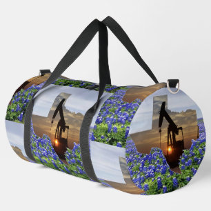Texas Oil Pump Jack Sunset and Bluebonnets Duffle Bag