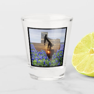 Texas Oil Well Pump Jack  With Bluebonnets Shot Glass