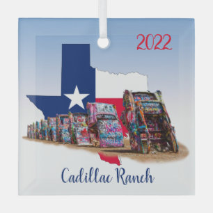 Texas outline & Cadillac Ranch Cars Glass Tree Decoration