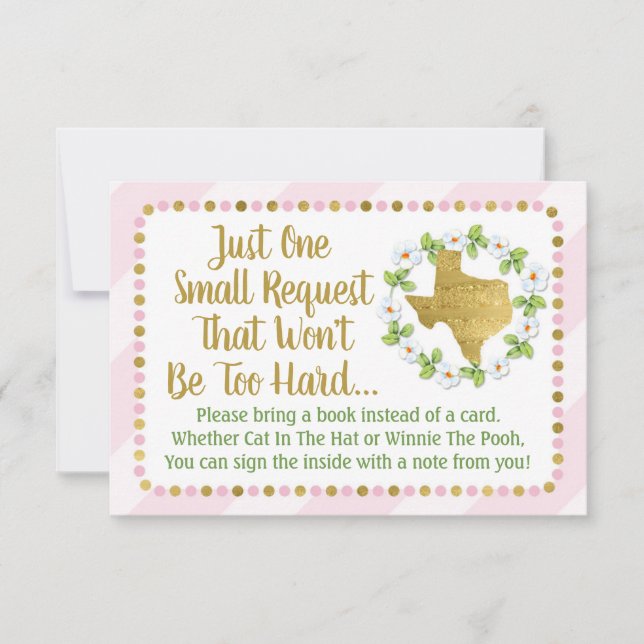 Texas Pink Gold Baby Shower Bring A Book Card (Front)