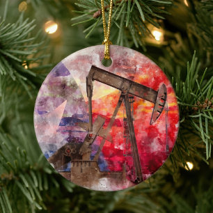 Texas Pumpjack Watercolor with Texas Flag Art Ceramic Tree Decoration