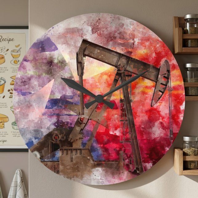 Texas Pumpjack Watercolor with Texas Flag Art Large Clock (Texas Pumpjack Watercolor with Texas Flag Art. Large Clock)