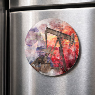 Texas Pumpjack Watercolor with Texas Flag Art Magnet