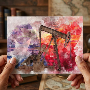 Texas Pumpjack Watercolor with Texas Flag Art Postcard