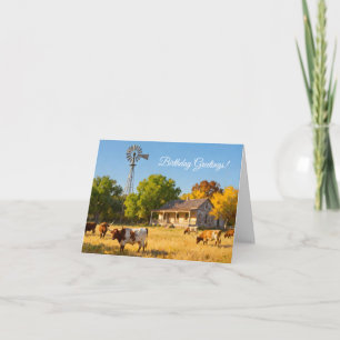 Texas Ranch House and Longhorns in Fall Birthday Card
