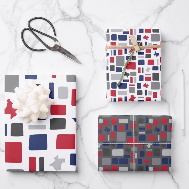 Texas Red & Blue Wonky Squares & Rectangles Wrapping Paper Sheet (Front)