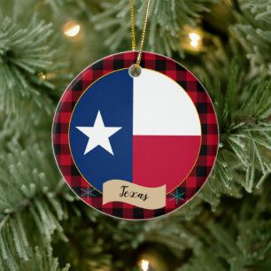 Texas, Red buffalo plaid & Texas Flag, USA Ceramic Tree Decoration