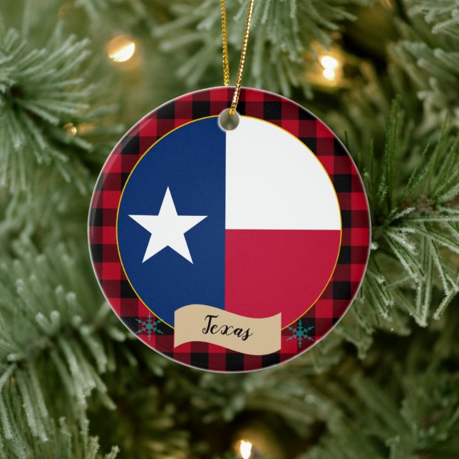 Texas, Red buffalo plaid & Texas Flag, USA Ceramic Tree Decoration (Tree)