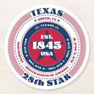 Texas Red White Blue Typography Round Paper Coaster