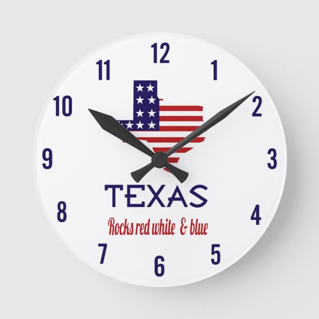 Texas Rocks Red White & Blue Round Clock (Front)