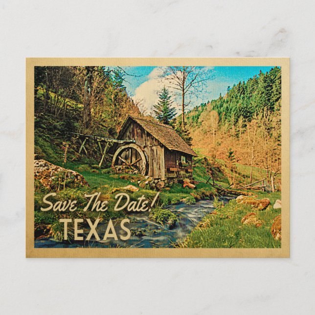 Texas Save The Date Rustic Cabin Mill Woods Announcement Postcard (Front)