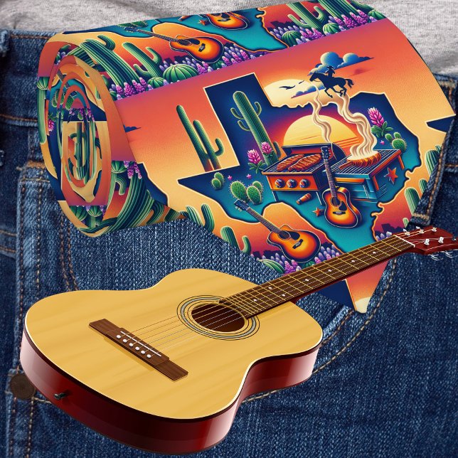 Texas Shape BBQ Pit Guitars and Sunset Tie (Texas themed necktie with grill/BBQ pit, guitars cactus and sunset.)