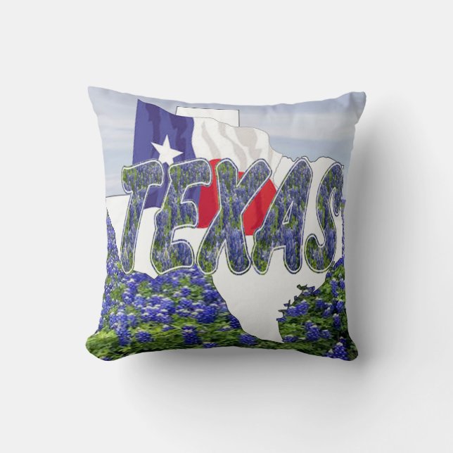 Texas Shape Texas Flag and Bluebonnets Cushion (Front)