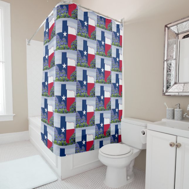 Texas Shape Texas Flag With Bluebonnets Shower Curtain (In Situ)