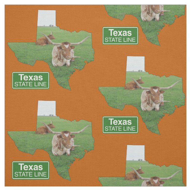 Texas Shape With Longhorn Steer State Line Sign 4 Fabric (Swatch)
