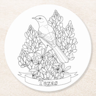 Texas State Bird & Flower Colouring Page Round Paper Coaster