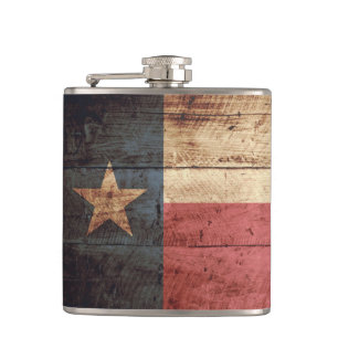 Texas State Flag on Old Wood Grain Hip Flask