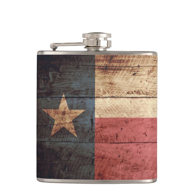 Texas State Flag on Old Wood Grain Hip Flask (Front)