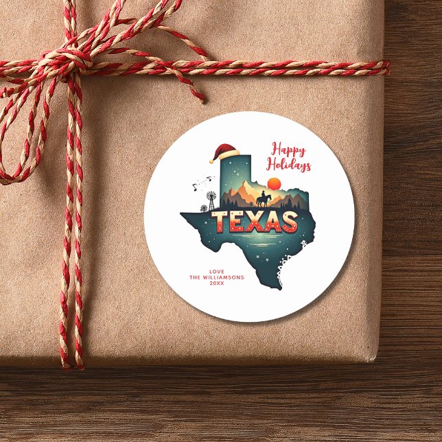 Texas State Happy Holidays Personalised Text Year Classic Round Sticker (Personalize with Name & year.  edit / delete other text as required.  Matching items in collection)