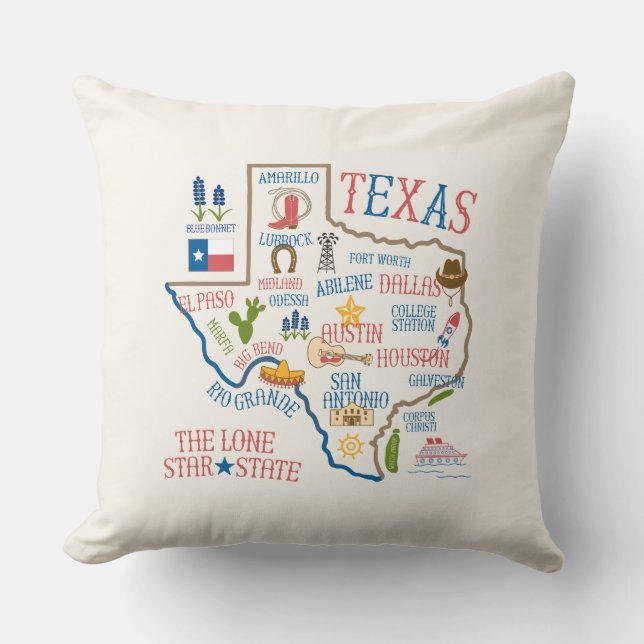 Texas State Landmarks Illustration Pillow - Cream (Front)
