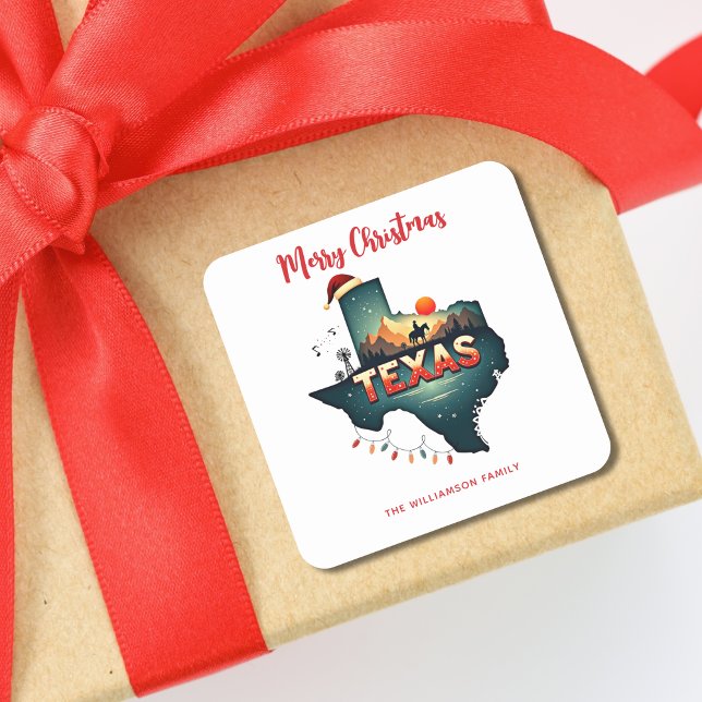 Texas State Merry Christmas Custom Holiday  Square Sticker (Edit Name and/or Text, or delete.  Matching items in collection.)