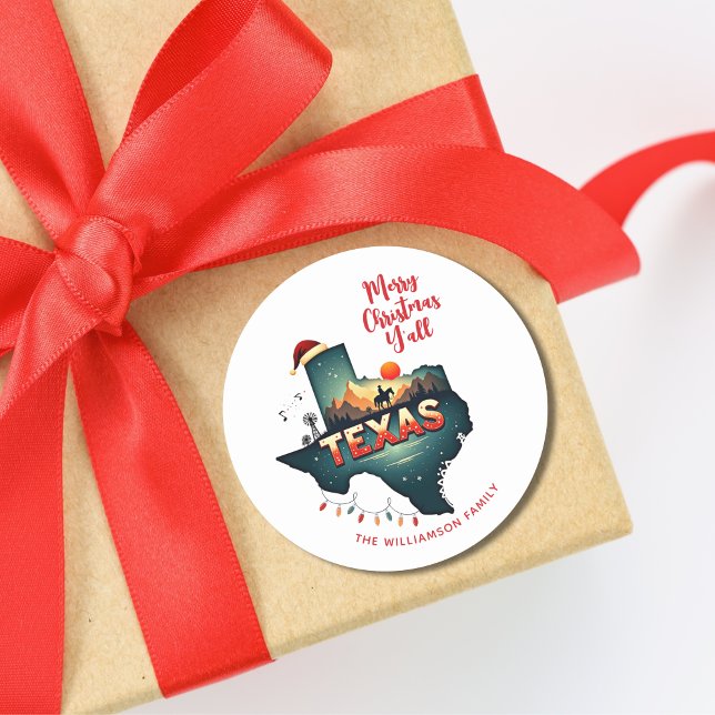 Texas State Merry Christmas Y'all Custom Holiday Classic Round Sticker (Personalize with name & text.  Matching items available in collection.)