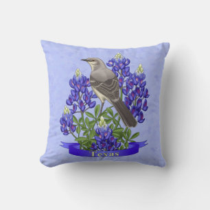 Texas State Mockingbird & Bluebonnet Flower Cushion